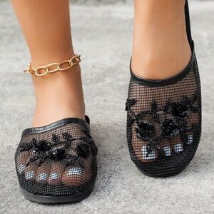 Veloura Black Mesh Floral Sandals Women Lightweight Breathable Flats